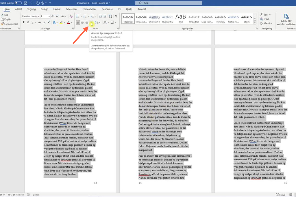 Justering af tekst i Microsoft Word