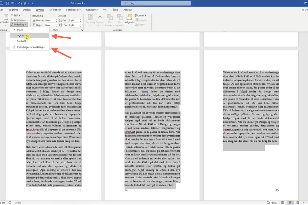 Indstil orddeling i Microsoft Word