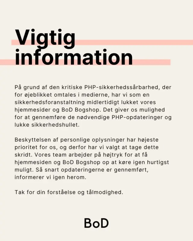 Vi arbejder på højtryk, så vi inden længe igen kan stille vores hjemmesider til rådighed for jer.